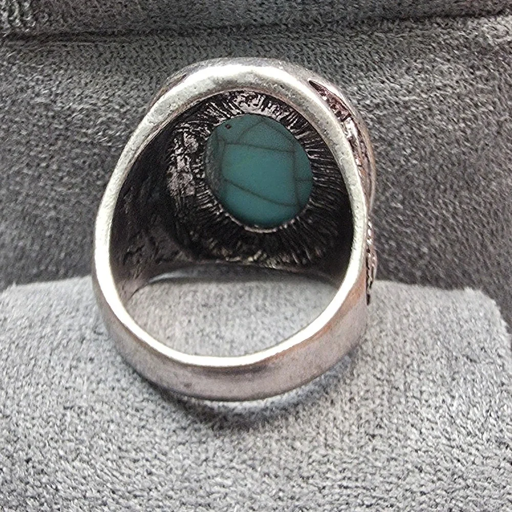 New Chunky‎ Faux Turquoise Cabochon Ring Size 9.5 SilverTone Clear Rhinestones